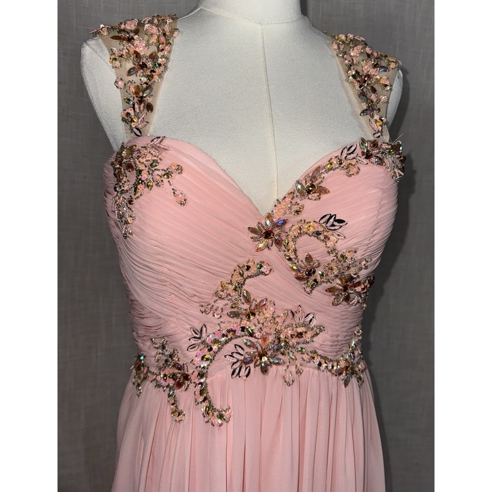 Pink‎ Chiffon Beaded Prom Gown 5/6 Fairy Ruched Bodice Evening Formal Prom Dress